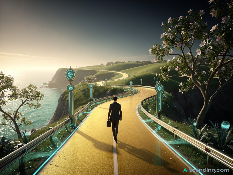 a sunlit clifftop where two golden coastal roads diverge above a sparkling sea, a confident well-dressed traveler striding onto the brighter path lined with teal-glowing waymarkers and flowering trees, the morning sky vast and clear, the other road simply curving away into gentle green hills — both inviting, one chosen with ease — AIscending guide