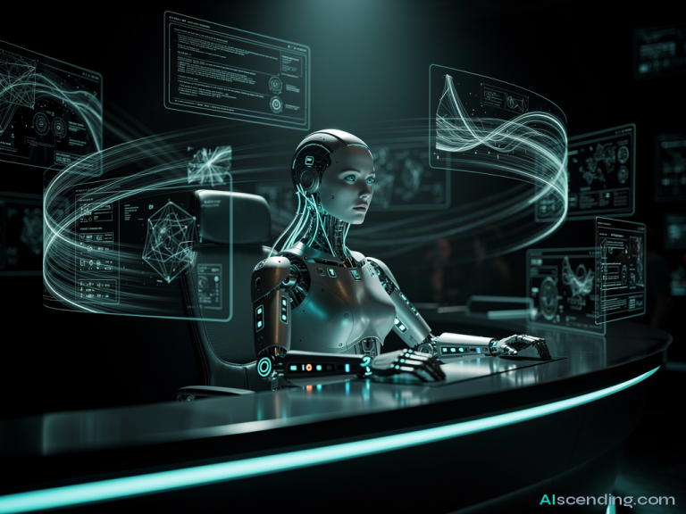 Cinematic hyper-realistic shot of a striking android receptionist seated at a curved teal-lit console in a dimly lit command center, multiple holographic call streams flowing around her, her expression calm and focused, glowing ports visible along her forearms, single dramatic teal light source from above, deep cinematic shadows, 8k detail — AIscending guide