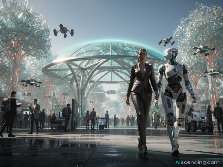 a vibrant open-air innovation expo at midday, two gleaming white pavilions side by side under a bright canopy of sky, an elegant woman and a sleek friendly humanoid walking together toward the one haloed in soft teal light, banners and greenery and cheerful crowds blurred warmly in the sunshine — AIscending guide